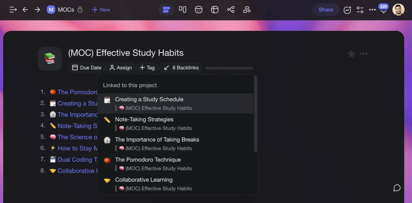 A map of content on effective study habits with links to individual notes.