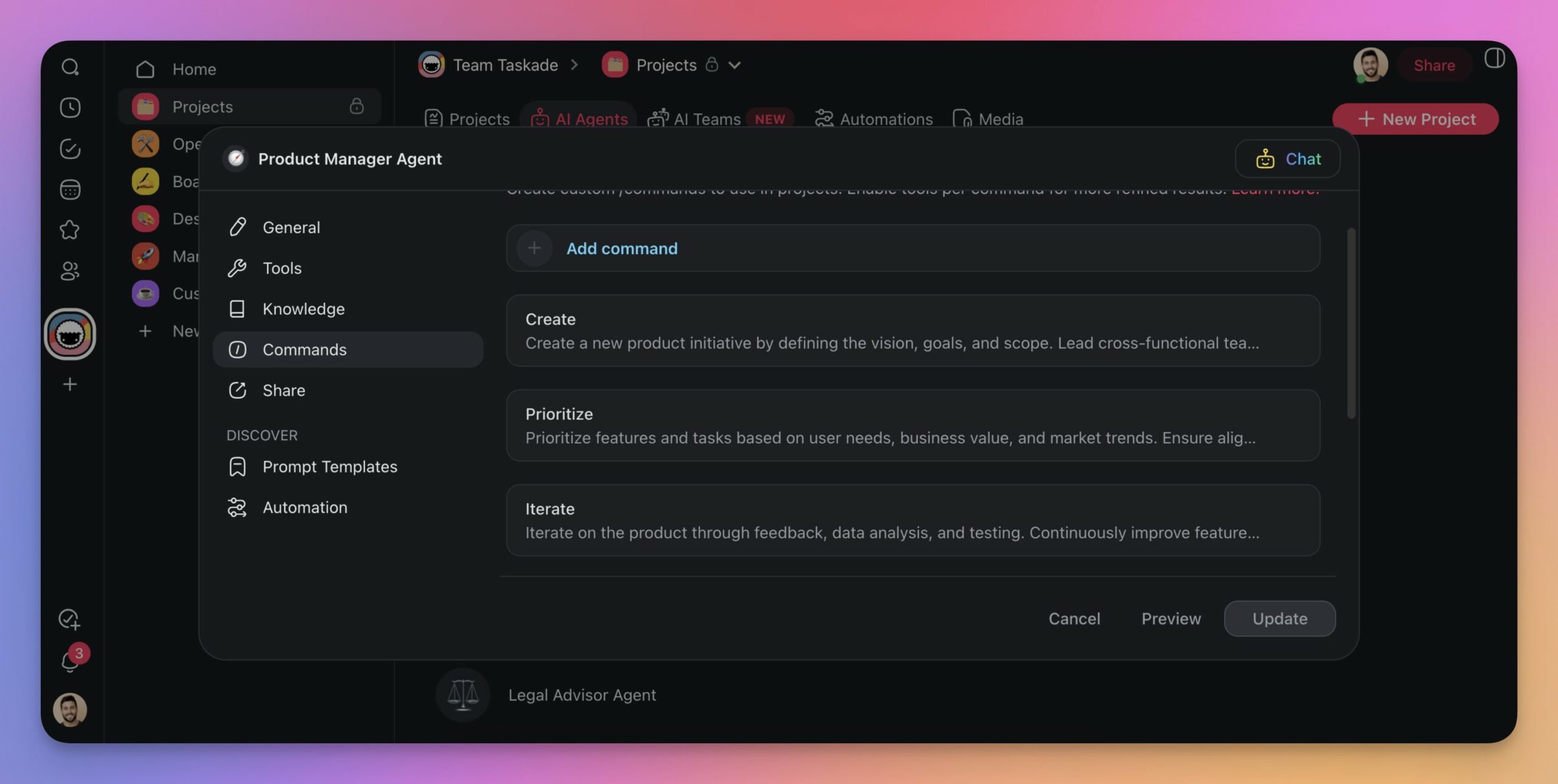 Agent commands menu.