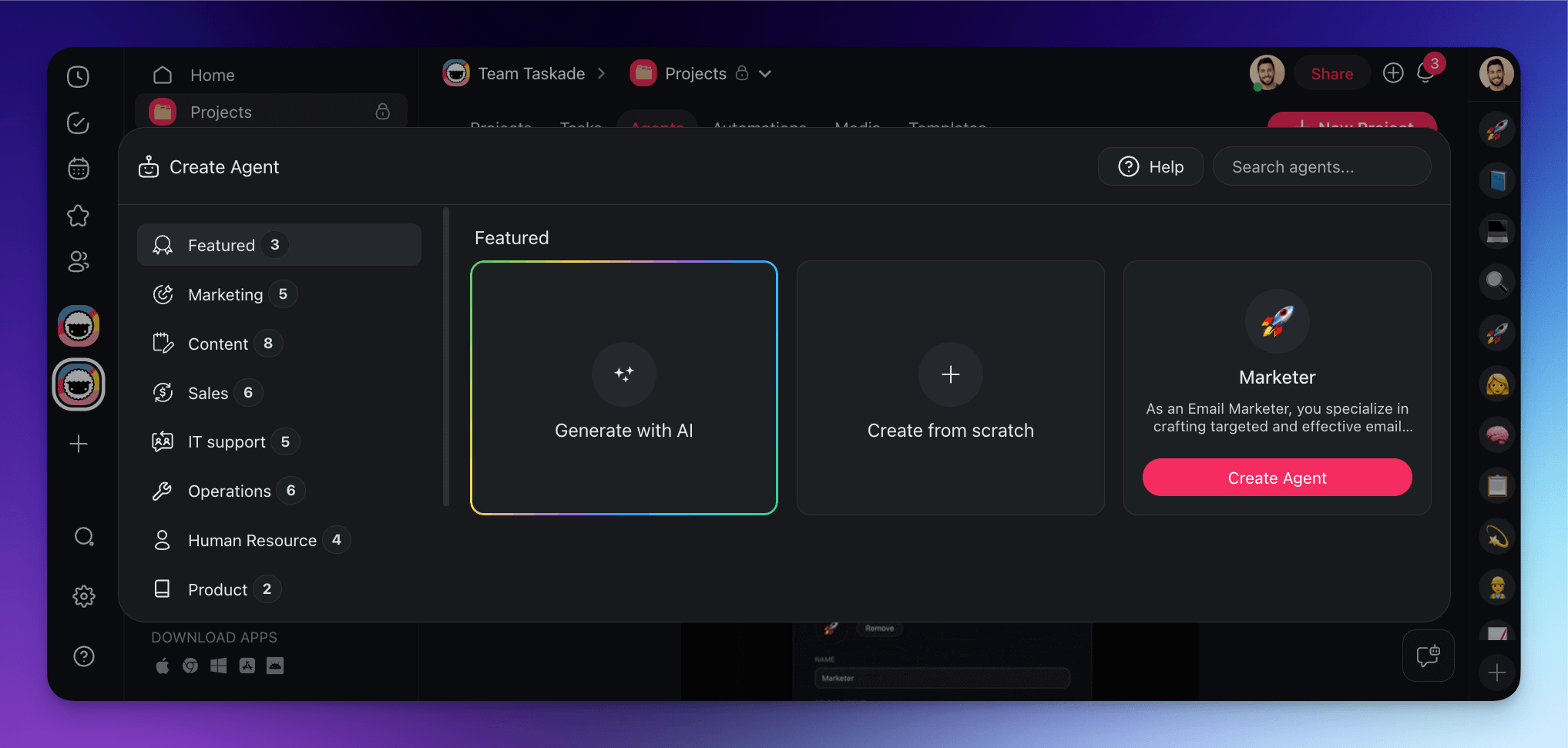 The AI Agent Creator menu in Taskade.