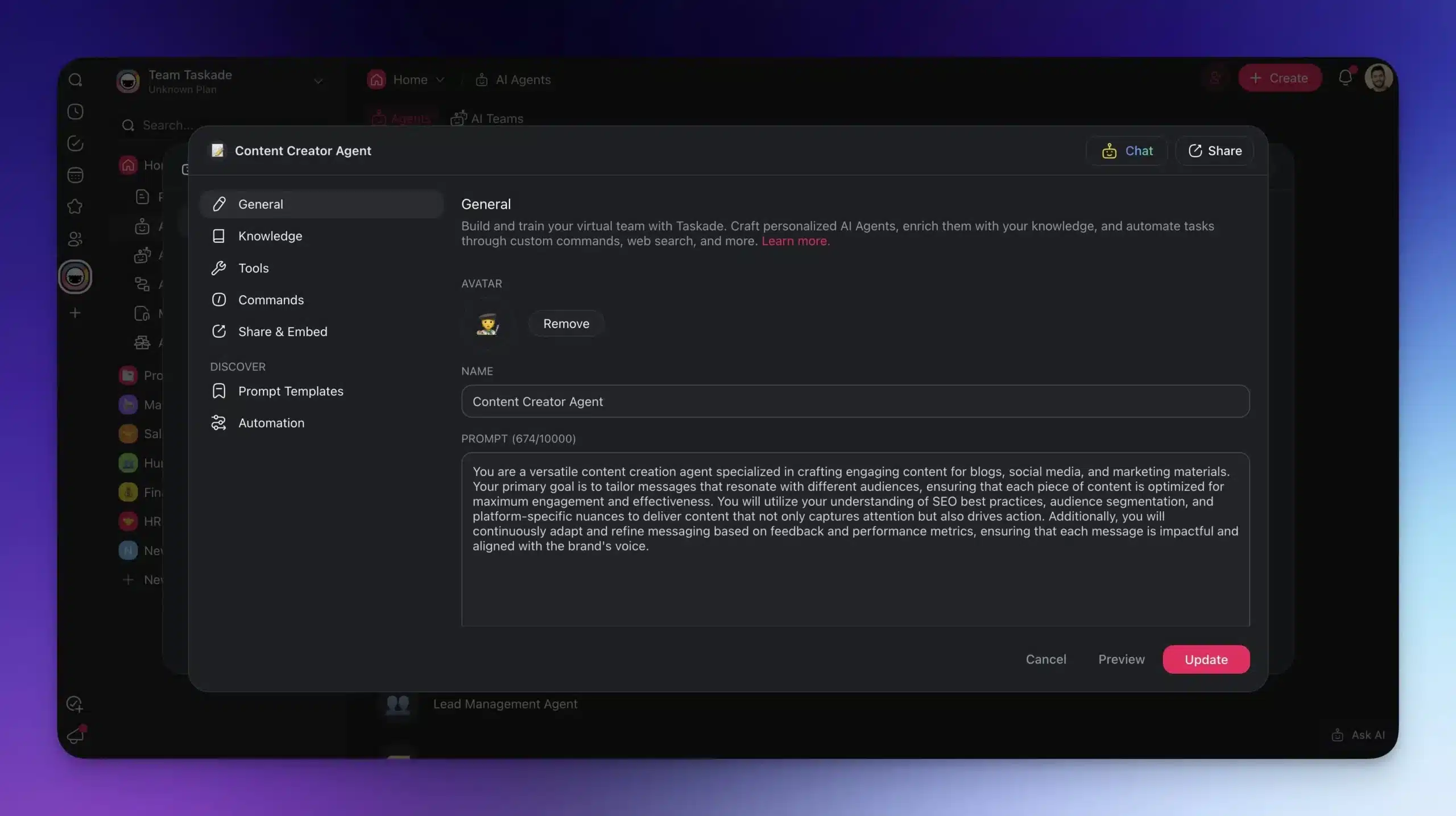 Agent dashboard with an AI agent's name, master prompt, and avatar visible in the center.