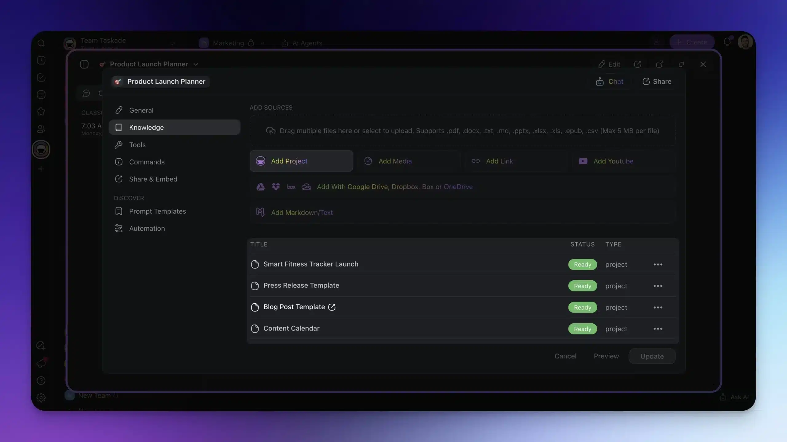 Knowledge tab in the agent interface of a Product Launch Planner AI agent in Taskade.