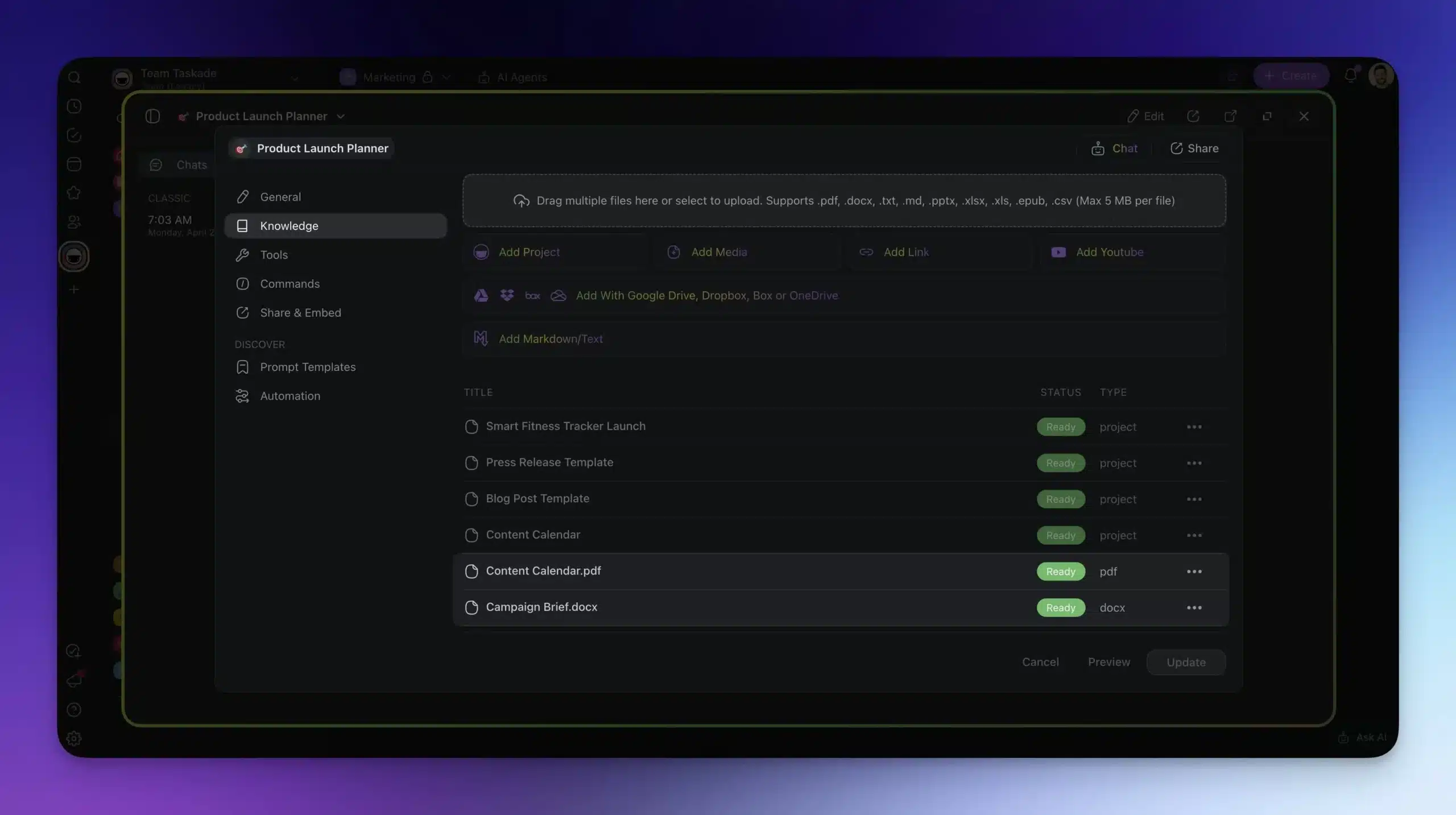 Knowledge tab in the agent interface of a Product Launch Planner AI agent with external knowledge highlighted.
