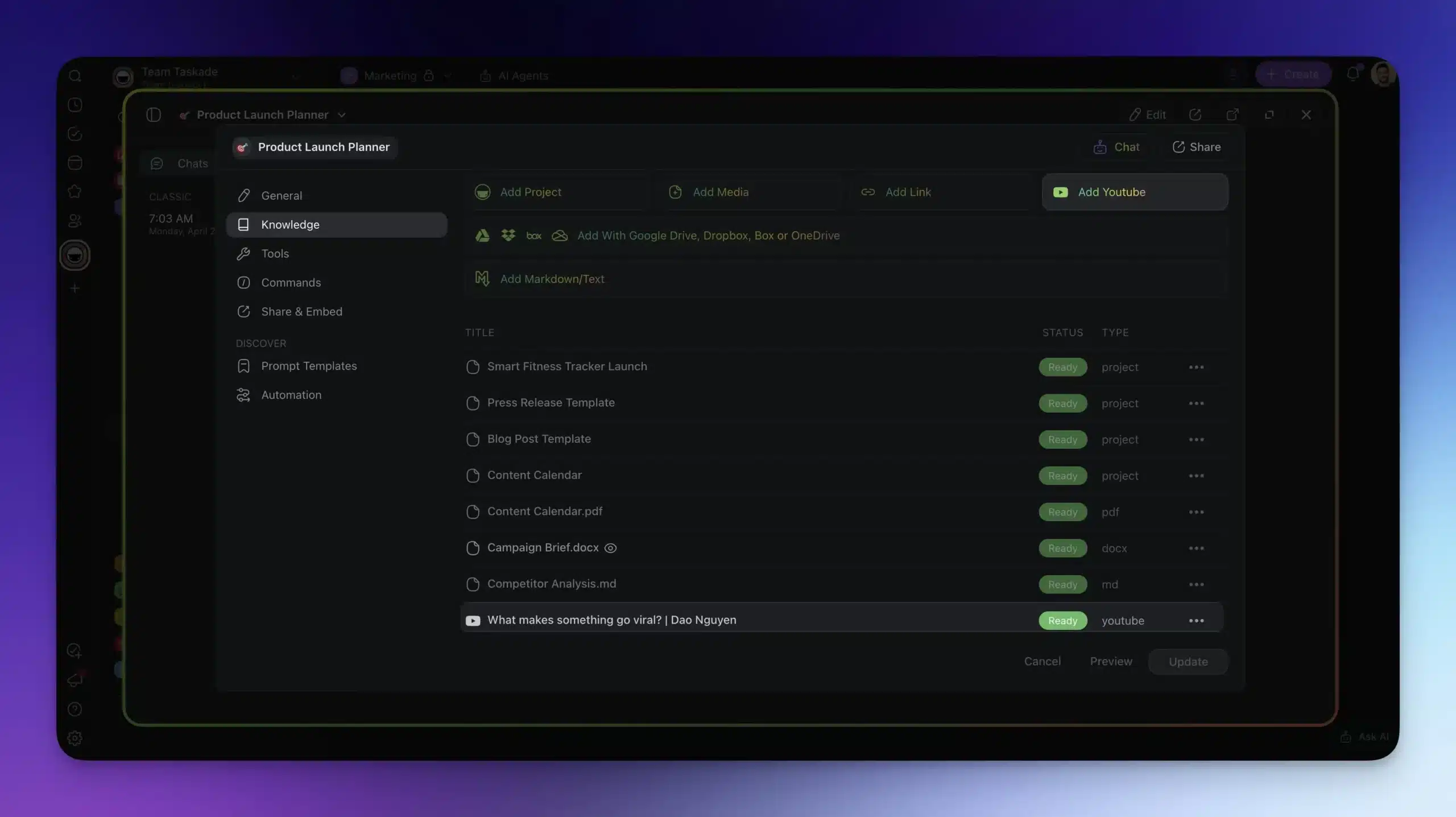 Knowledge tab in the agent interface of a Product Launch Planner AI agent with video-based knowledge highlighted.