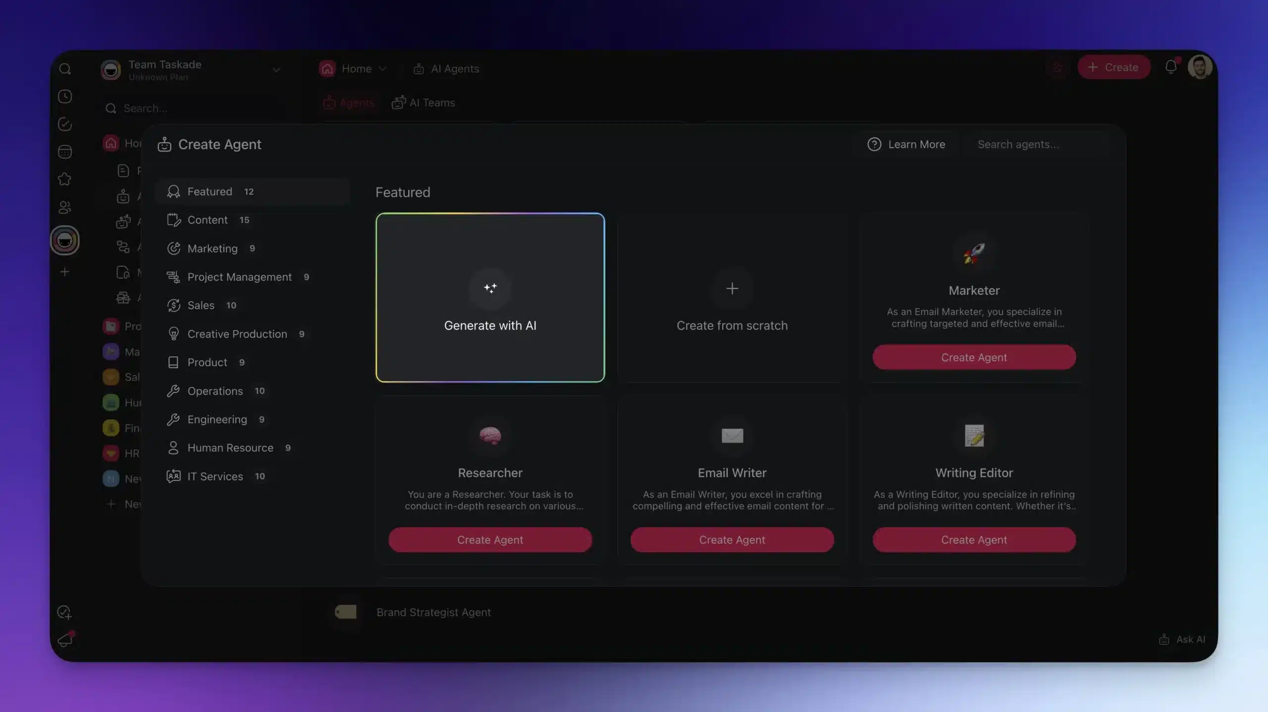 Agent creation dashboard.