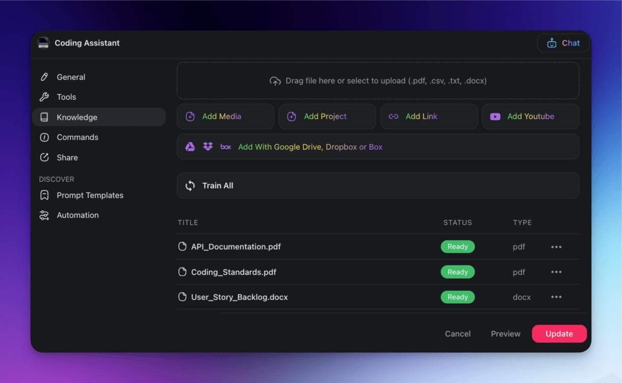 The Knowledge tab featuring various files and documents used to train an AI agent.