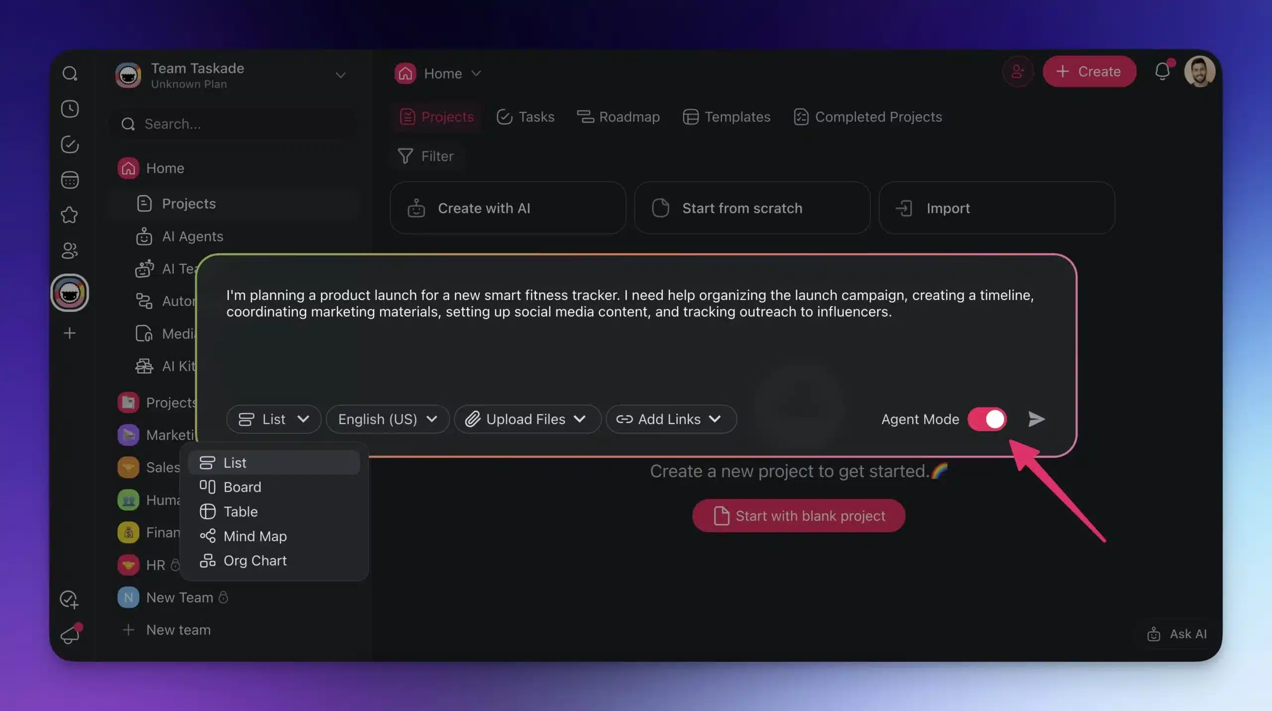 Workflow Generator interface with the Agent Mode toggle enabled.