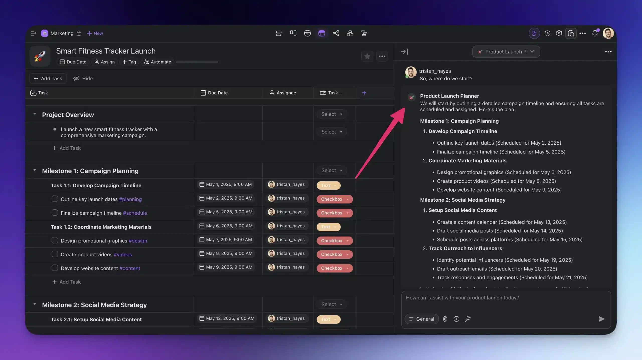 Taskade project with a Product Launch Planner AI agent outlining a campaign plan and assigning tasks.