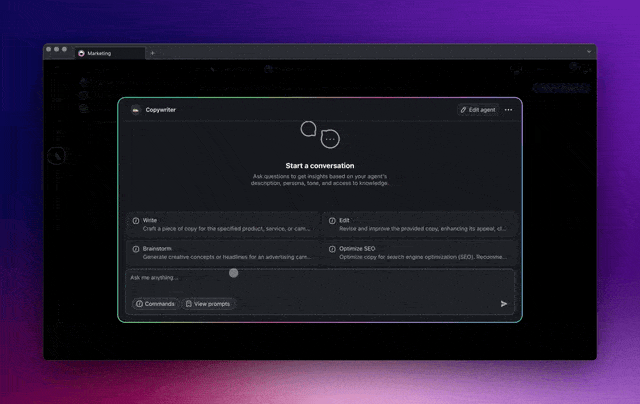 Slash commands in Taskade AI agent chat.