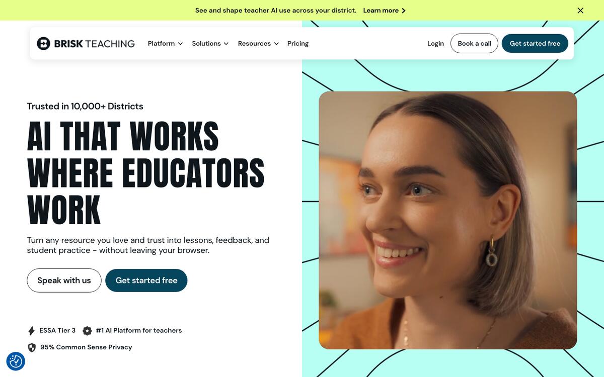 Brisk Teaching homepage with the headline AI that works where educators work and a Get started free button