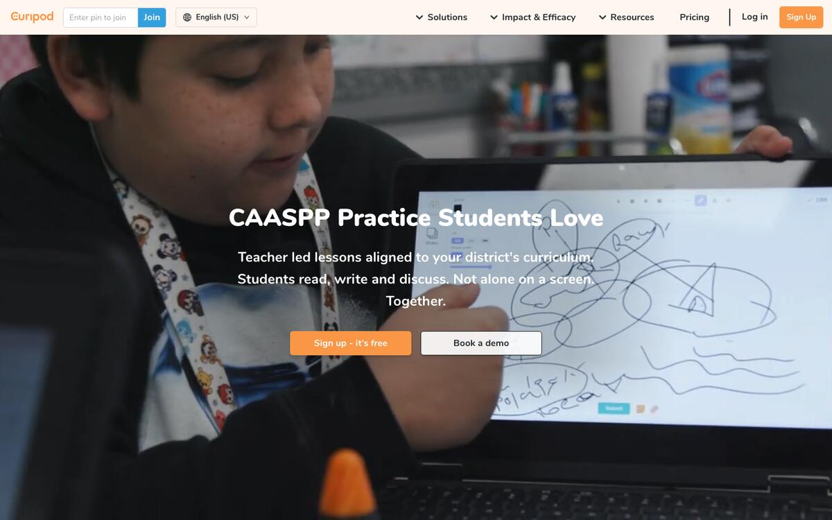 Curipod homepage with a state test practice headline and the line Teacher led lessons aligned to your district's curriculum
