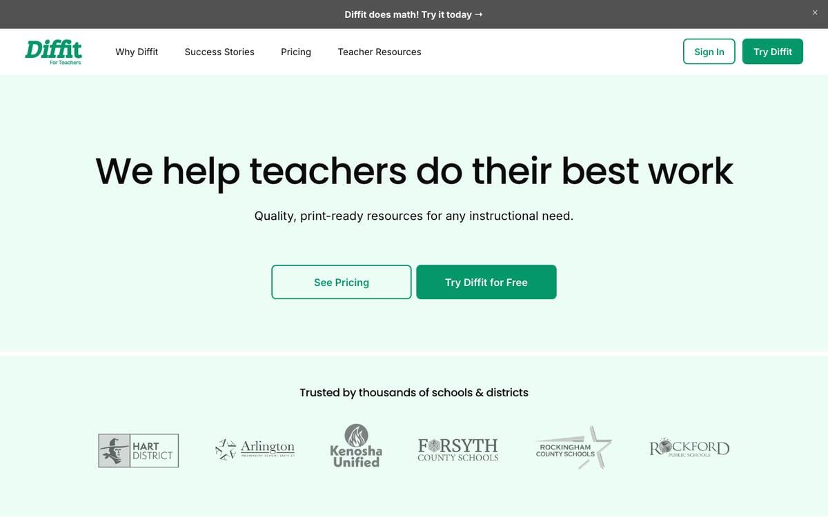 Diffit homepage with the headline We help teachers do their best work and a Try Diffit for Free button