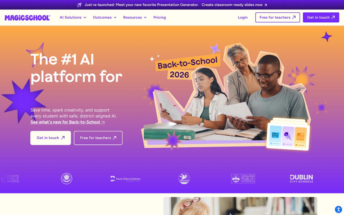 MagicSchool AI homepage headline calling it an AI platform for teachers, with Get in touch and Free for teachers buttons
