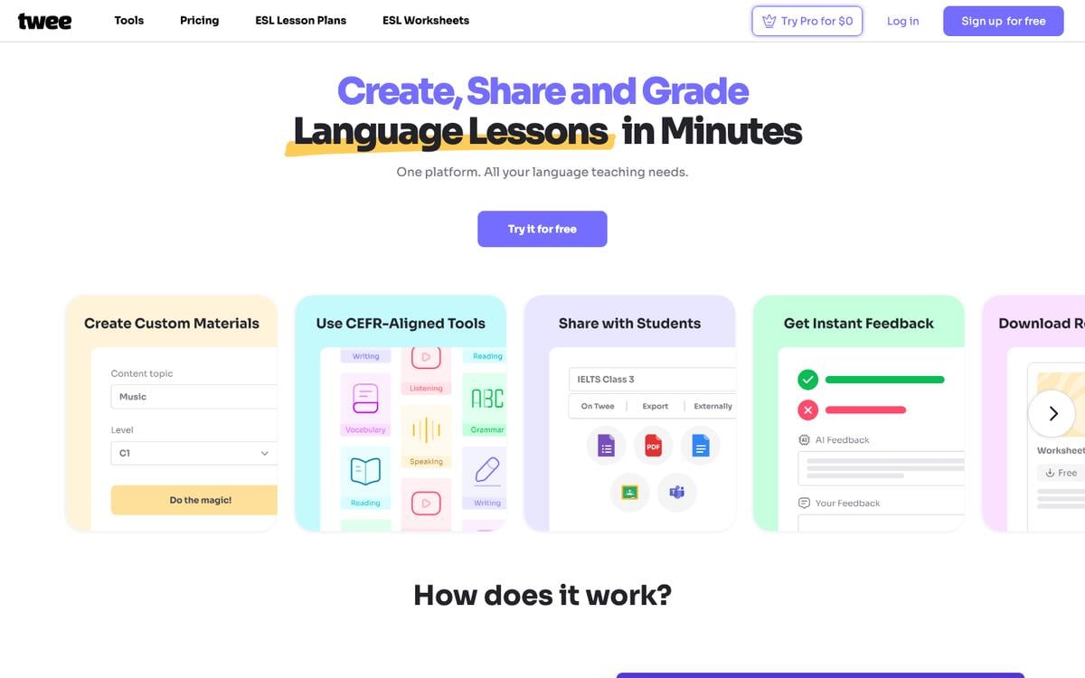 Twee homepage with the headline Create, Share and Grade Language Lessons in Minutes and cards for CEFR-aligned tools