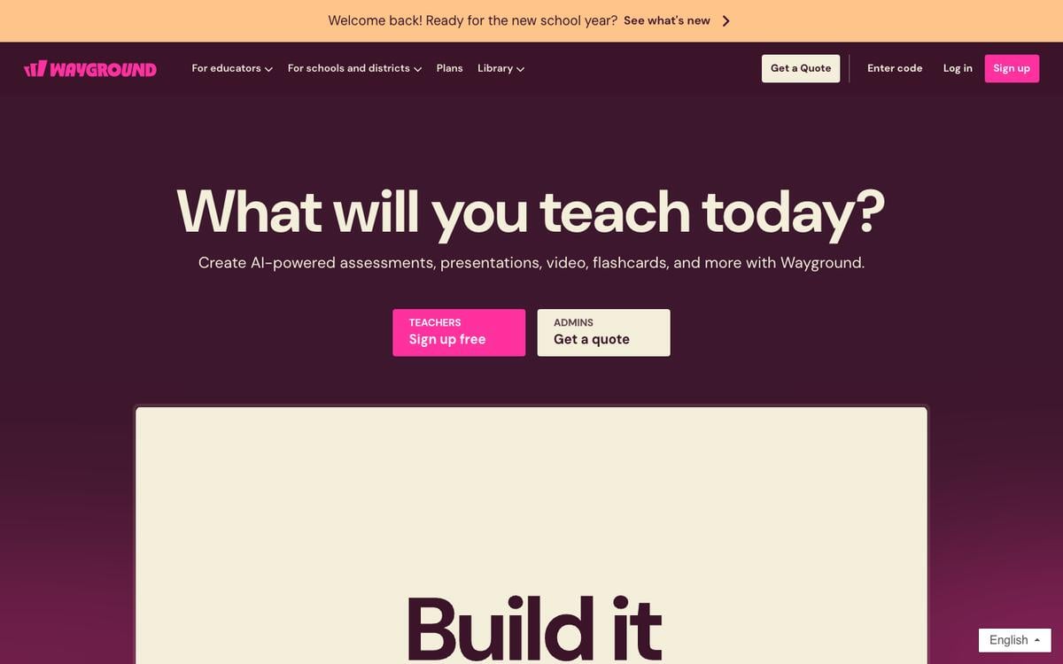 Wayground homepage asking What will you teach today, with Teachers Sign up free and Admins Get a quote buttons