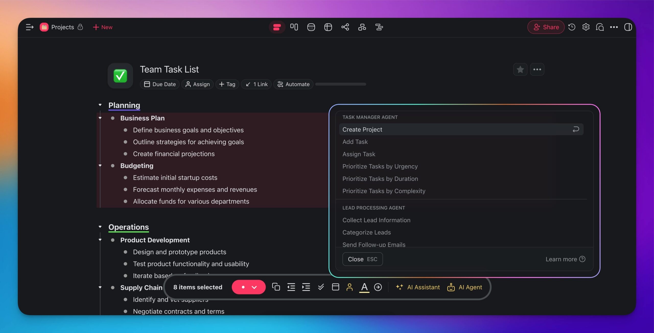 AI Assistant output in the Taskade project editor.