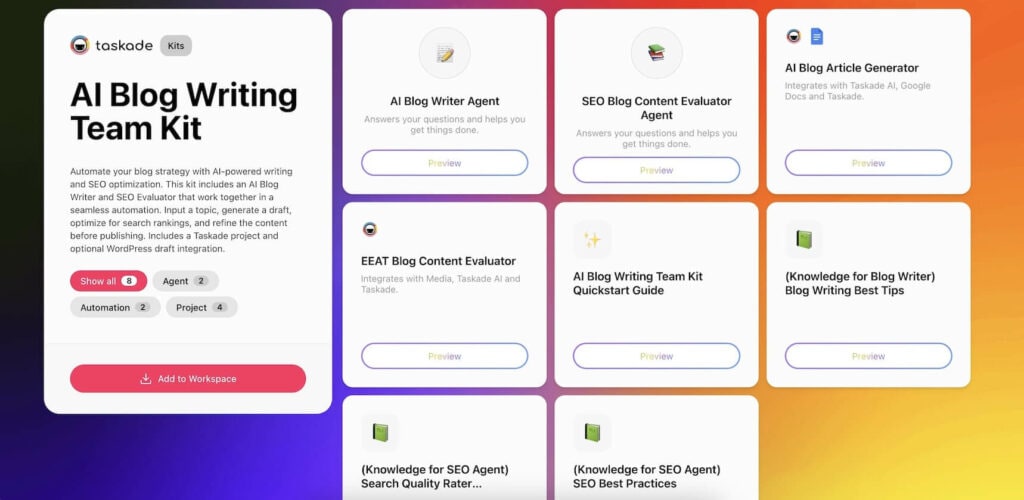Screenshot of the AI Content Creation Kit in Taskade, showing project templates, automations, and the Content Script Creator Agent used for drafting short-form content like tweets and social media posts.