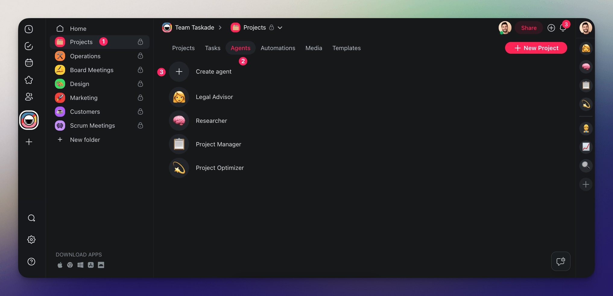 Taskade AI Agents tab.
