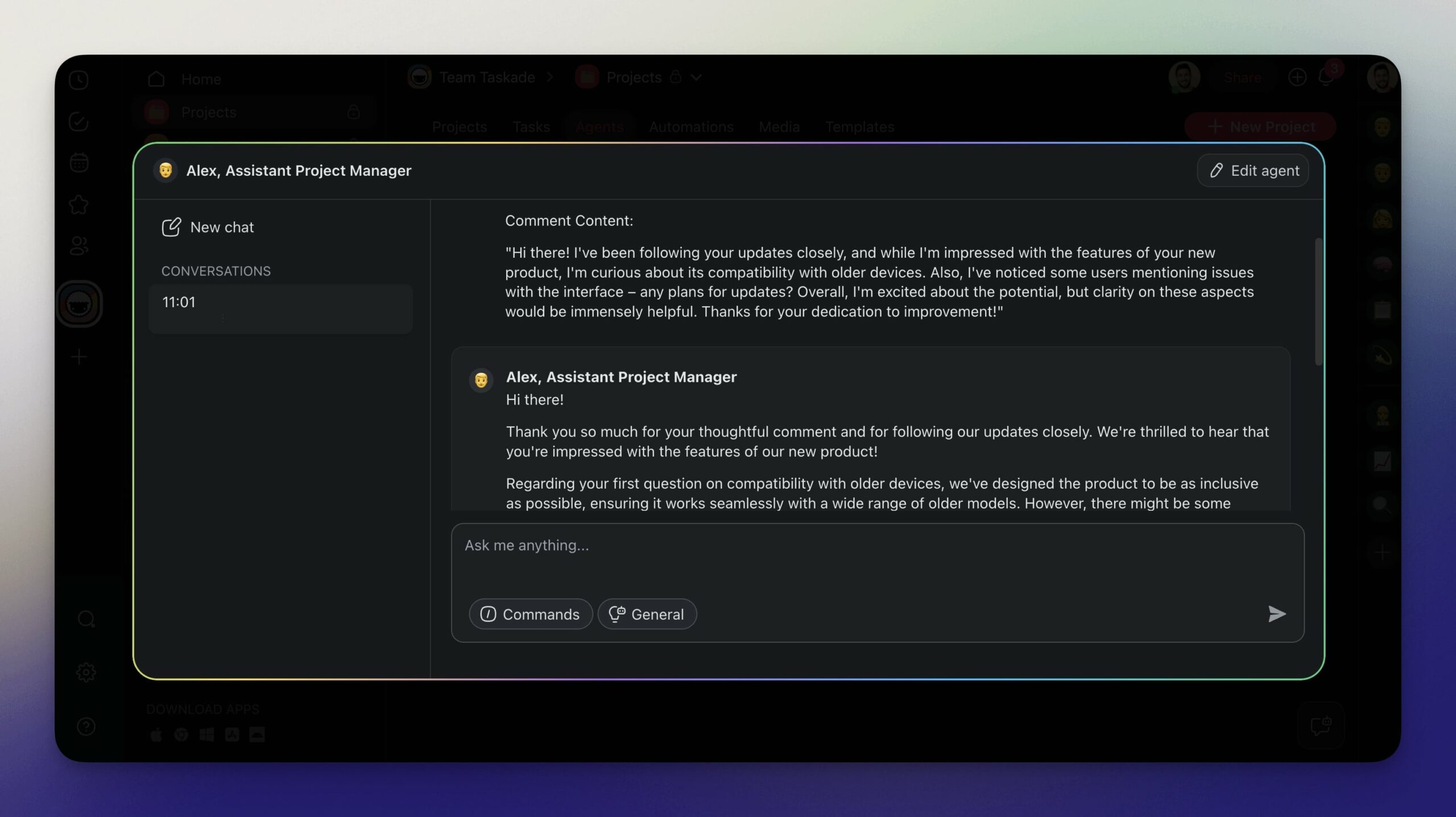 A chbat with an AI agent in Taskade.