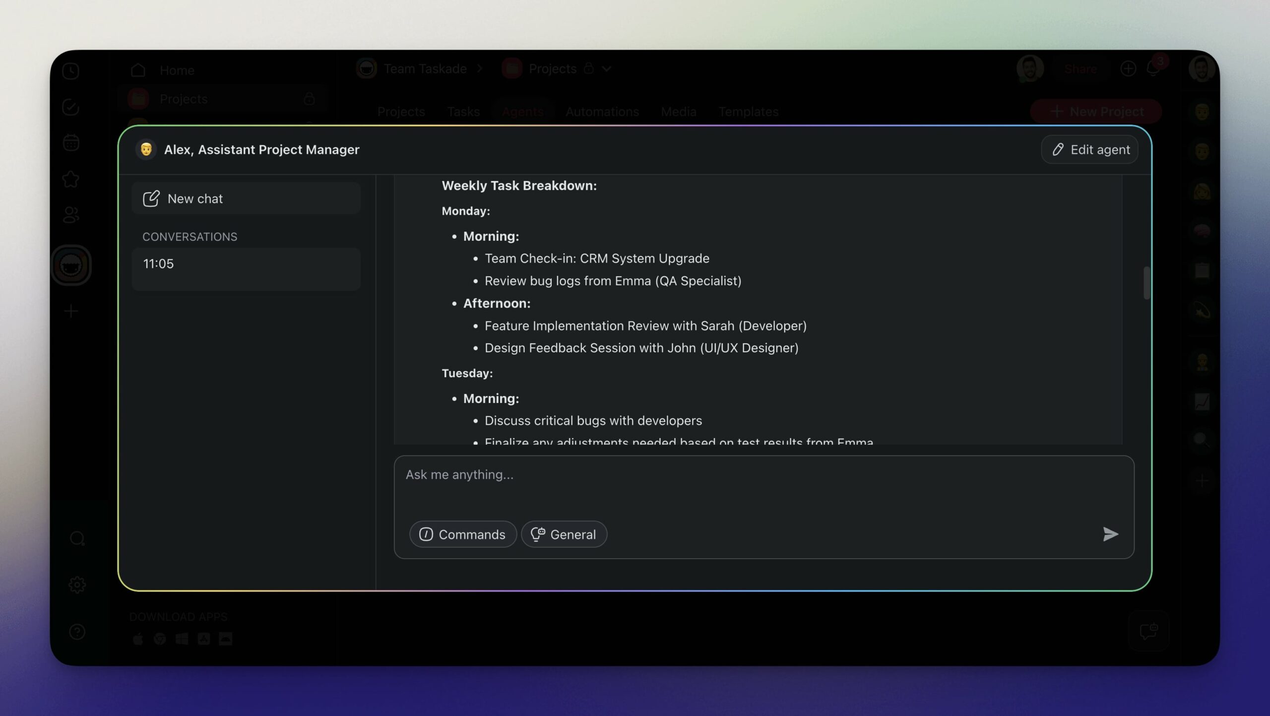 A weekly schedule generated by an AI agent.