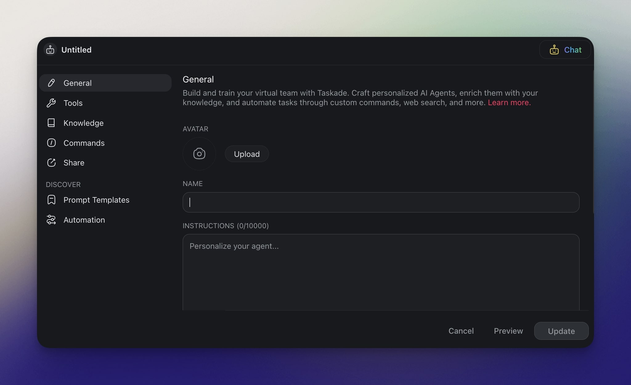 Taskade AI Agent creator with setting tabs visible on the left.