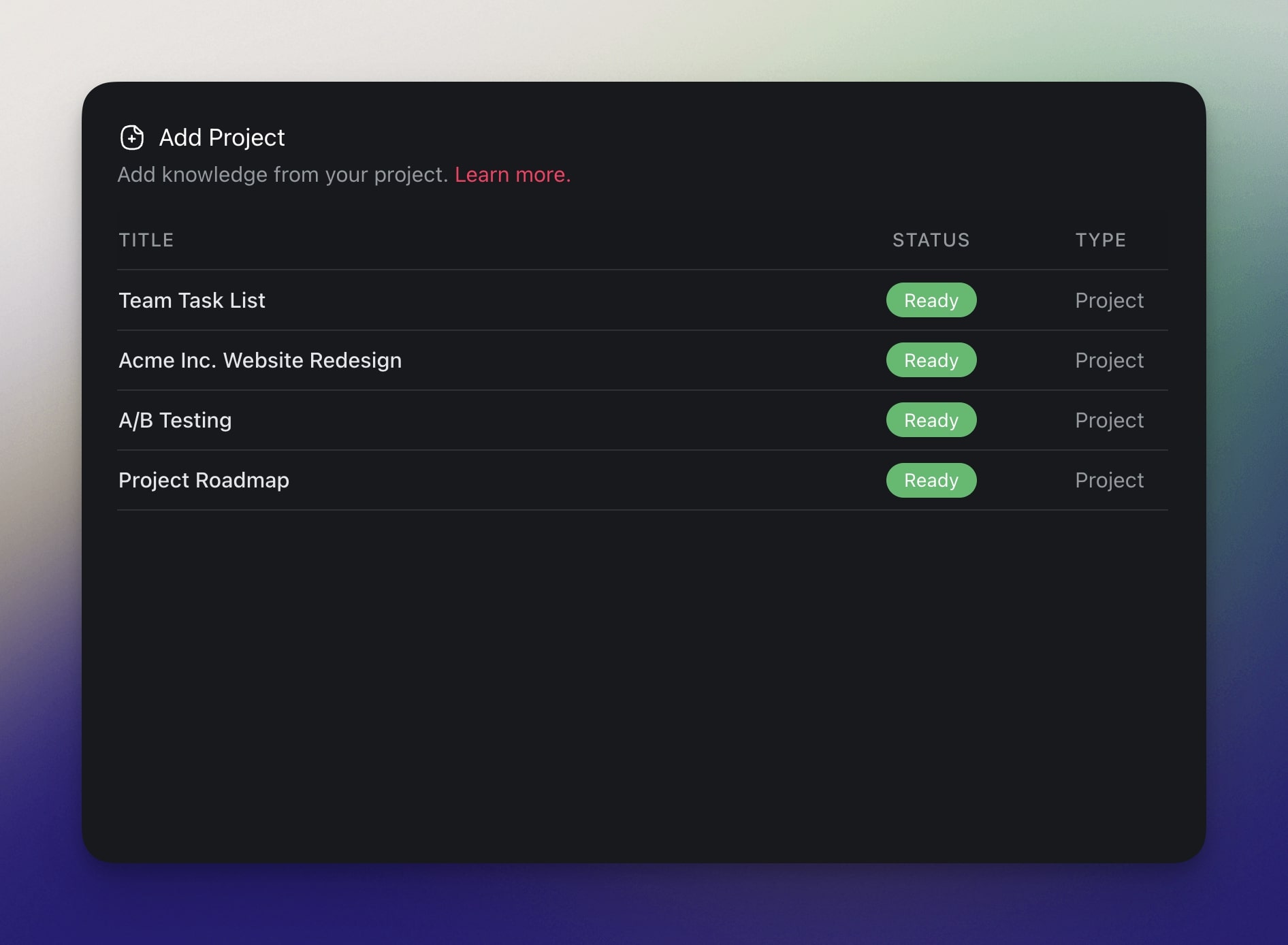 Taskade projects used to train an AI agent.