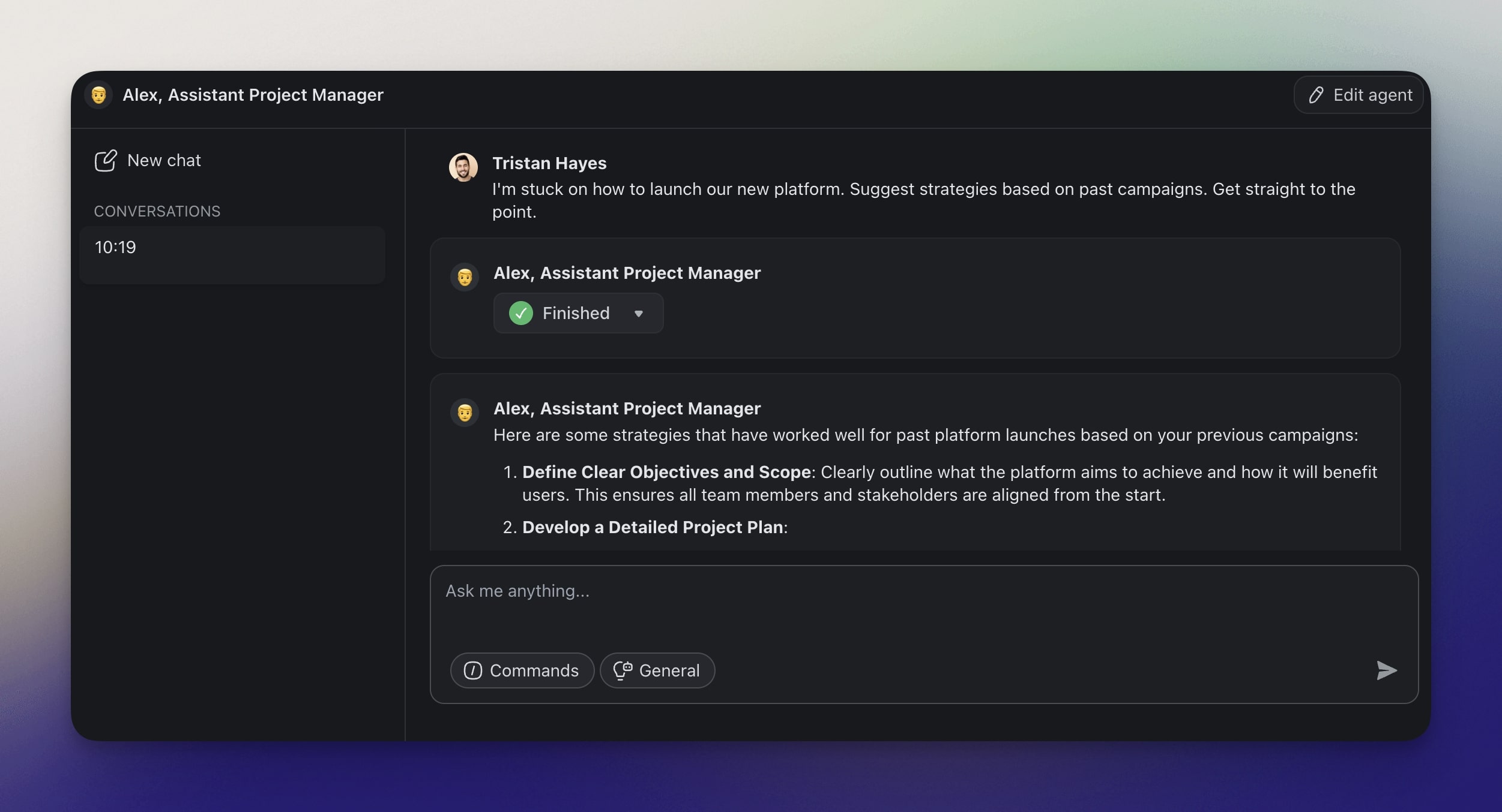 A conversation with an AI agent in Taskade.