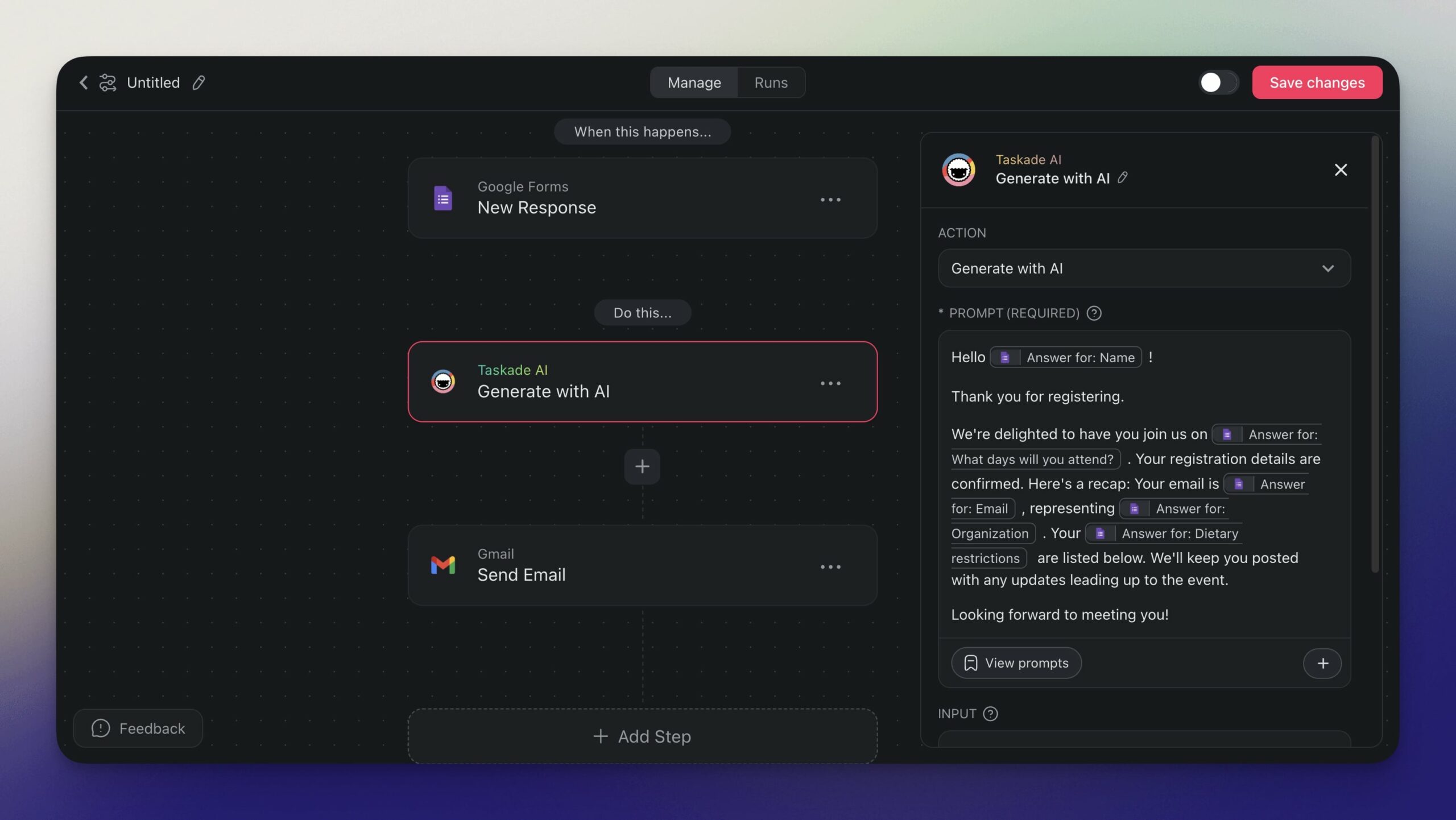 An automation flow using Taskade AI to reply to new Google Forms submissions.