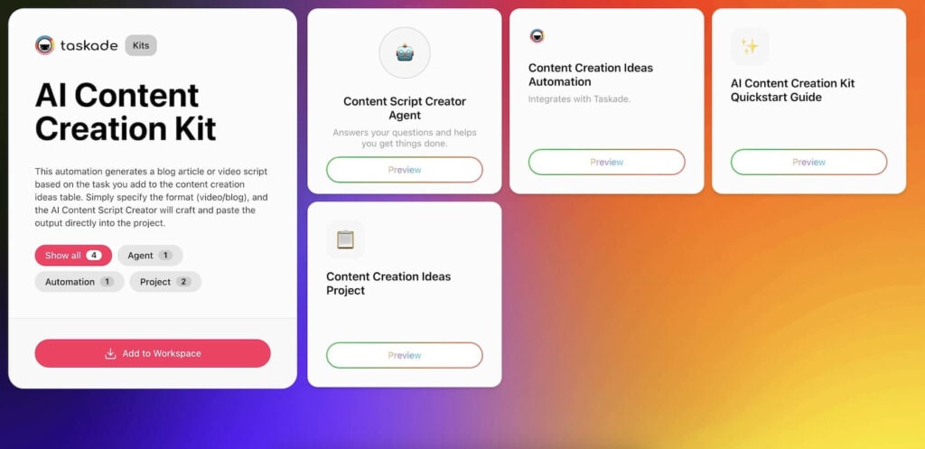 Screenshot of the AI Blog Writing Team Kit workspace in Taskade, featuring a structured blog workflow with projects, SEO guidance documents, and AI agents for drafting and evaluating blog posts.