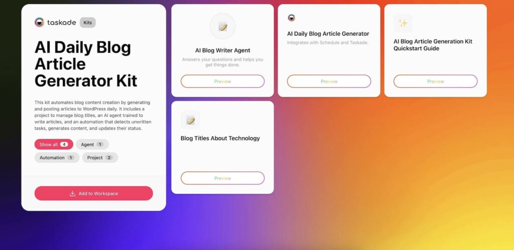 Screenshot of the AI Blog Article Generation Kit in Taskade, displaying scheduled automation for daily blog posts, content templates, and the AI Blog Writer Agent configured for publishing efficiency.