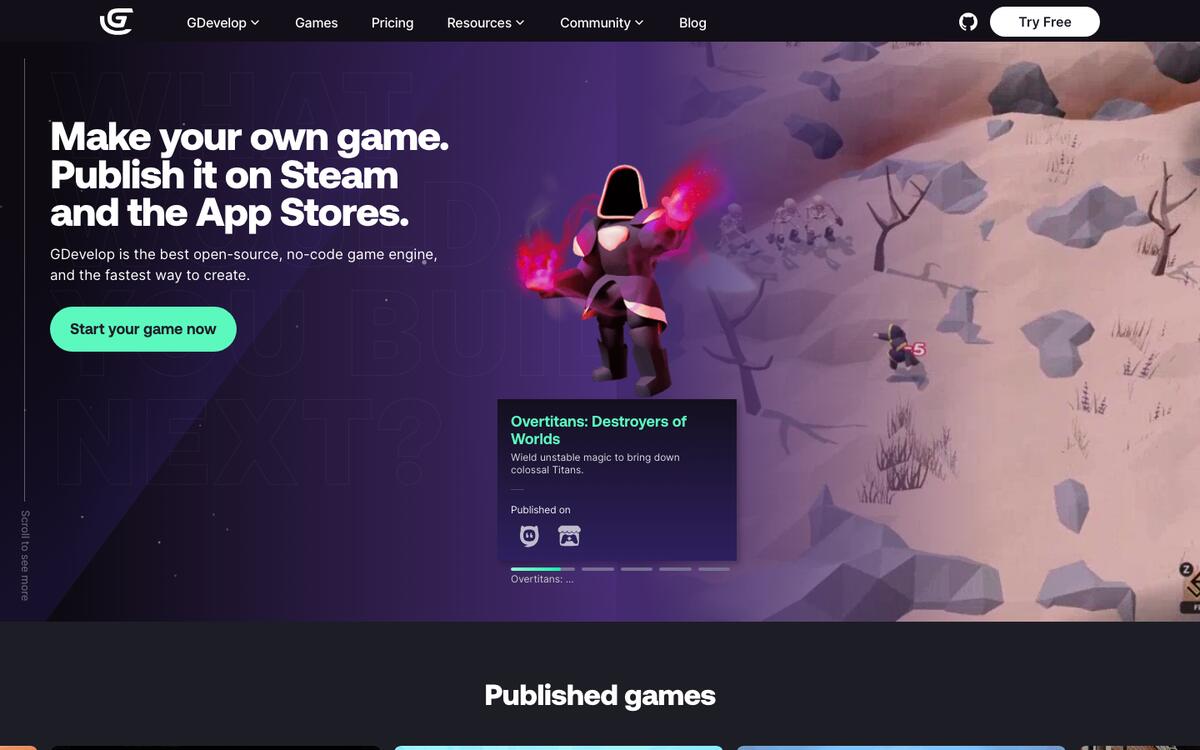 GDevelop homepage headline Make your own game. Publish it on Steam and the App Stores, with a 3D game scene on the right