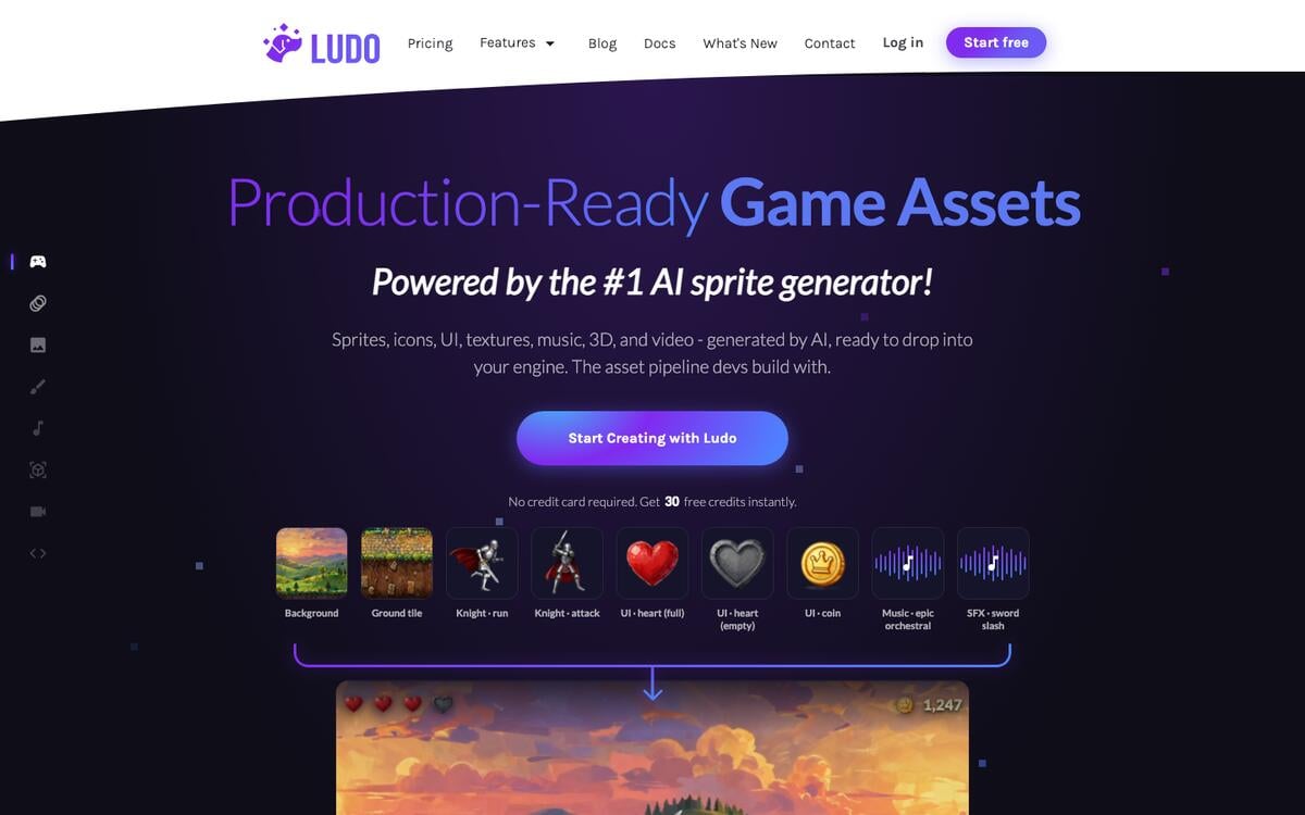 Ludo.ai homepage headline Production-Ready Game Assets, with sample sprites, tiles, UI icons, and sound effects feeding a game scene