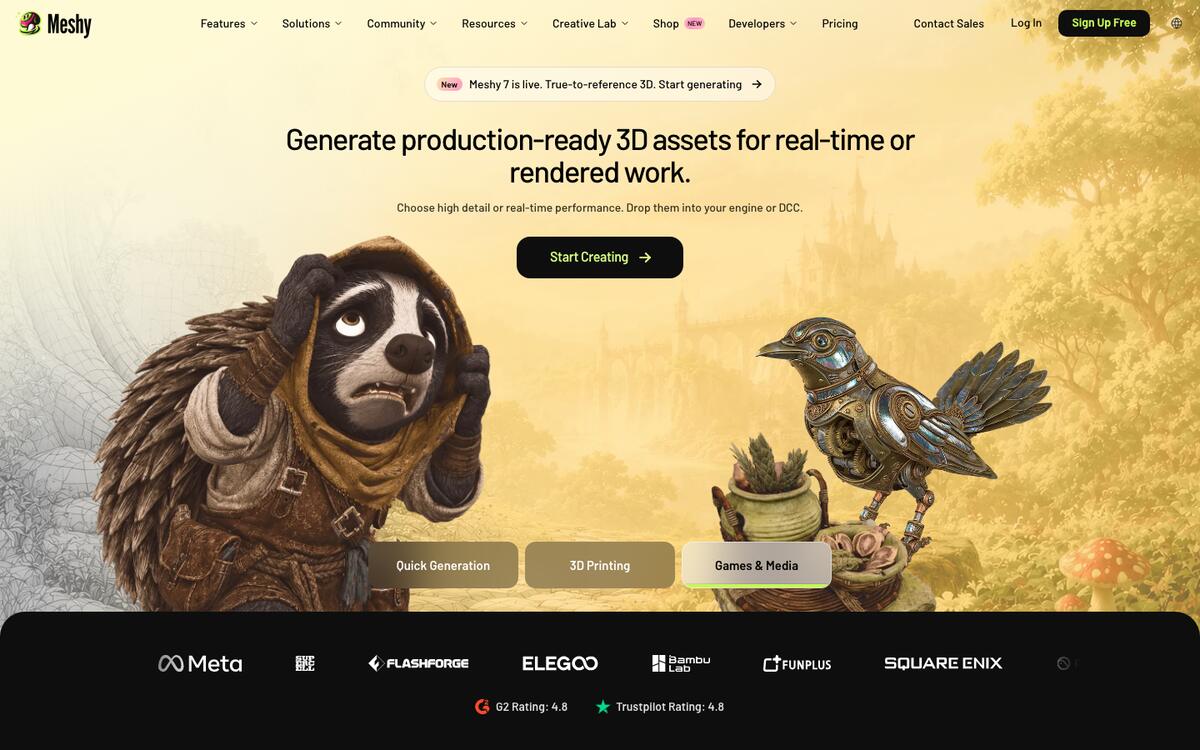 Meshy homepage on the Games and Media tab, headline Generate production-ready 3D assets for real-time or rendered work, with two stylized 3D characters