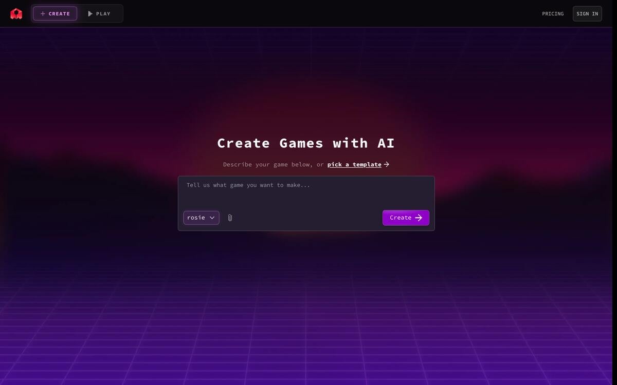 Rosebud AI homepage with a Create Games with AI prompt box, a model picker, and a Create button