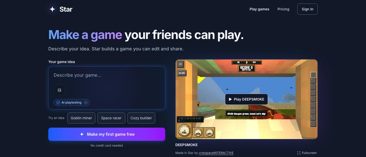Star homepage with a Your game idea prompt box, an AI playtesting toggle, starter ideas, and a playable 3D game preview