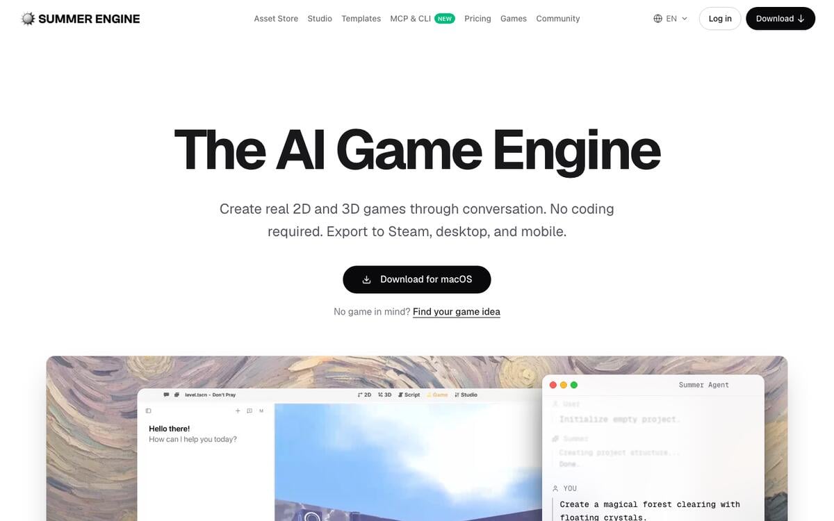 Summer Engine homepage headline The AI Game Engine, with a Download for macOS button and an editor preview beside a chat agent