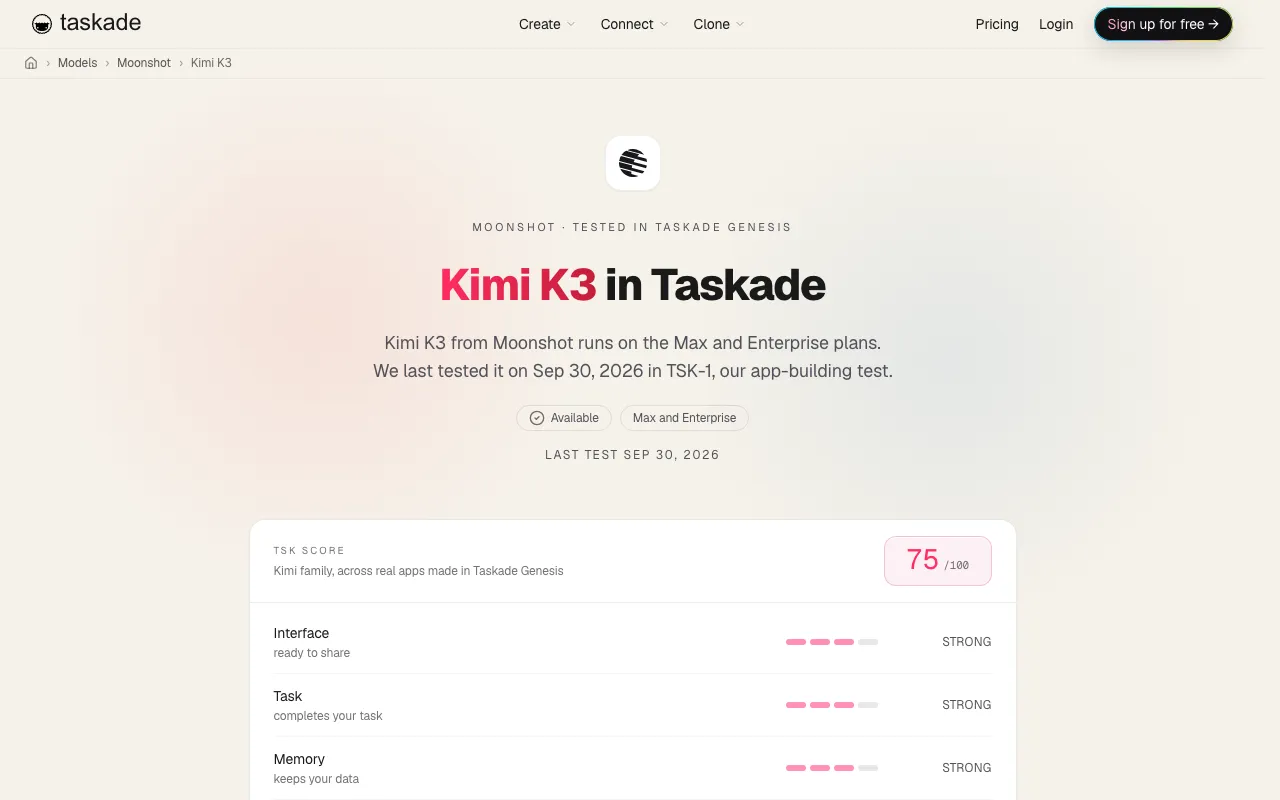 The Kimi K3 model page in Taskade, with its plan, status, key provider and TSK score for app building