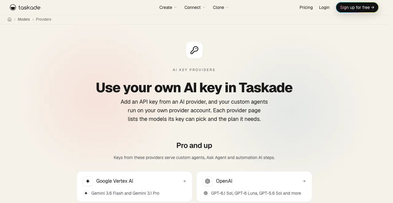 The Taskade AI key providers page, which lists the providers whose API keys serve custom agents, Ask Agent and automation AI steps on Pro and up