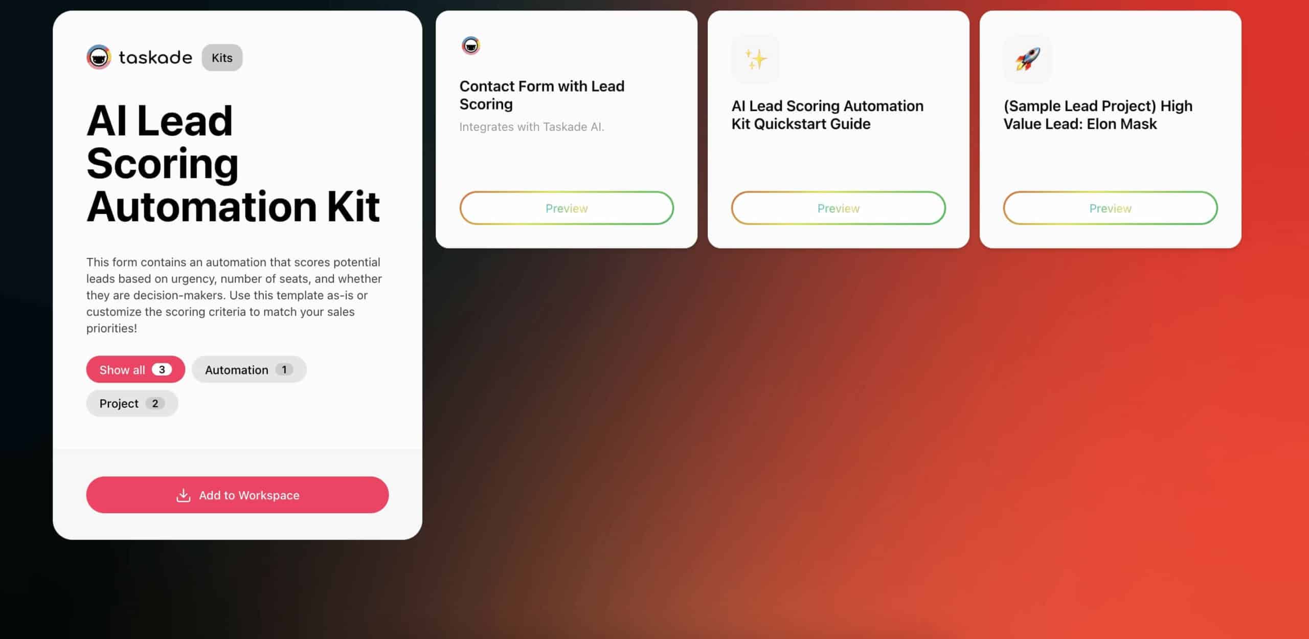 Screenshot of the AI Lead Scoring Kit displaying automated form intake and lead prioritization system.