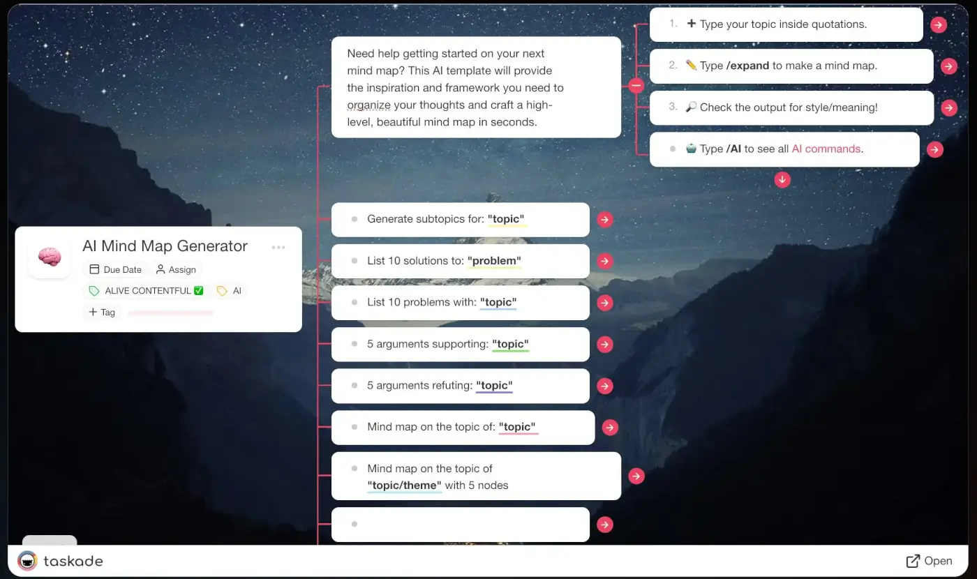 AI mind map generator template in Taskade.