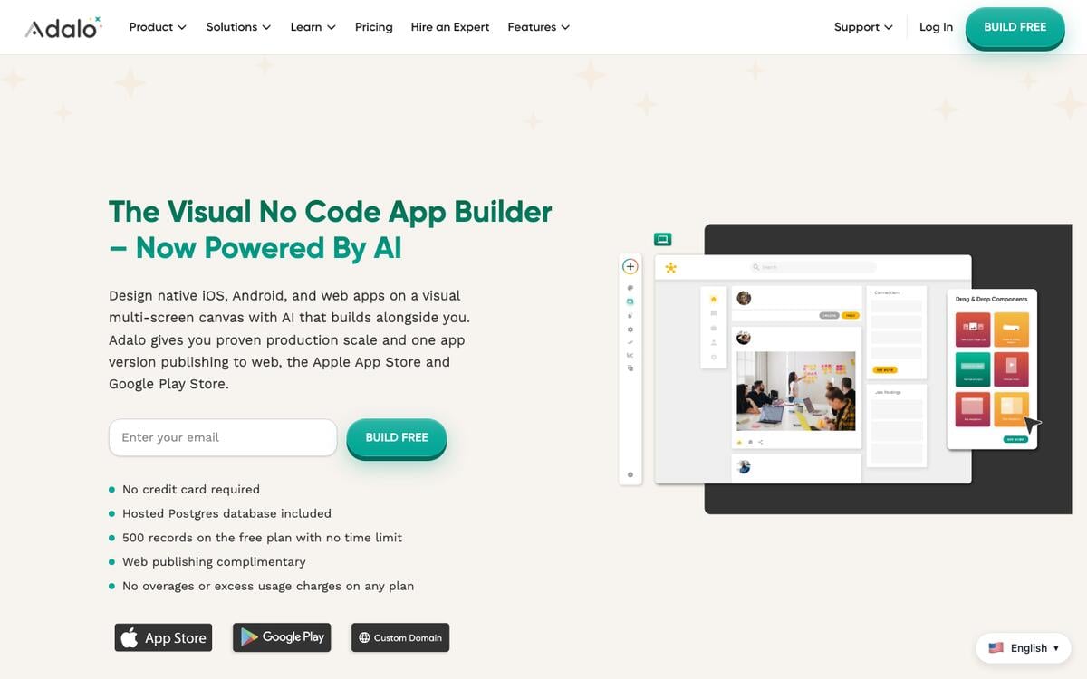 Adalo homepage with the headline The Visual No Code App Builder, Now Powered By AI, and App Store and Google Play badges