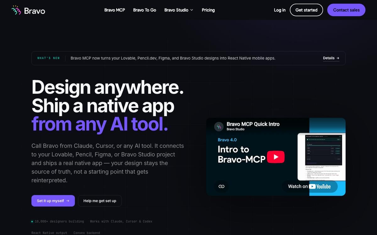 Bravo homepage with the headline Design anywhere. Ship a native app from any AI tool, next to a Bravo MCP intro video