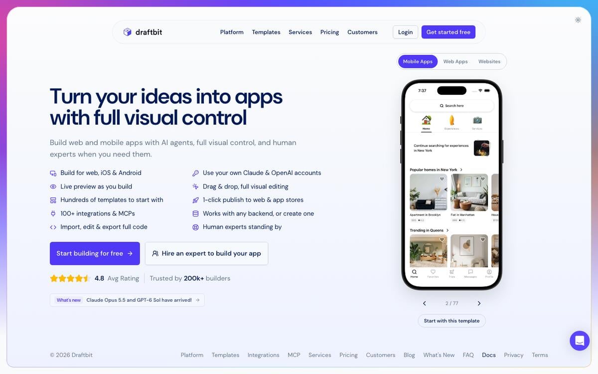 Draftbit homepage with the headline Turn your ideas into apps with full visual control next to a phone preview of a generated app