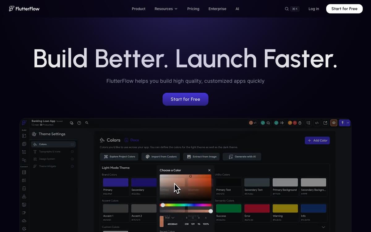 FlutterFlow homepage with the headline Build Better. Launch Faster. above its visual app editor showing theme colors