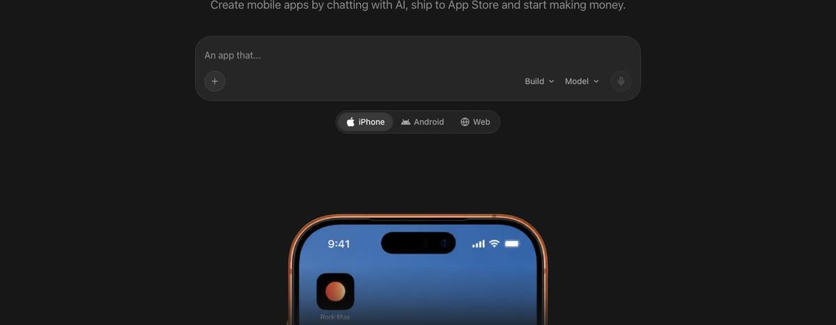 Rork homepage prompt box with Build and Model menus above an iPhone, Android, and Web target switch