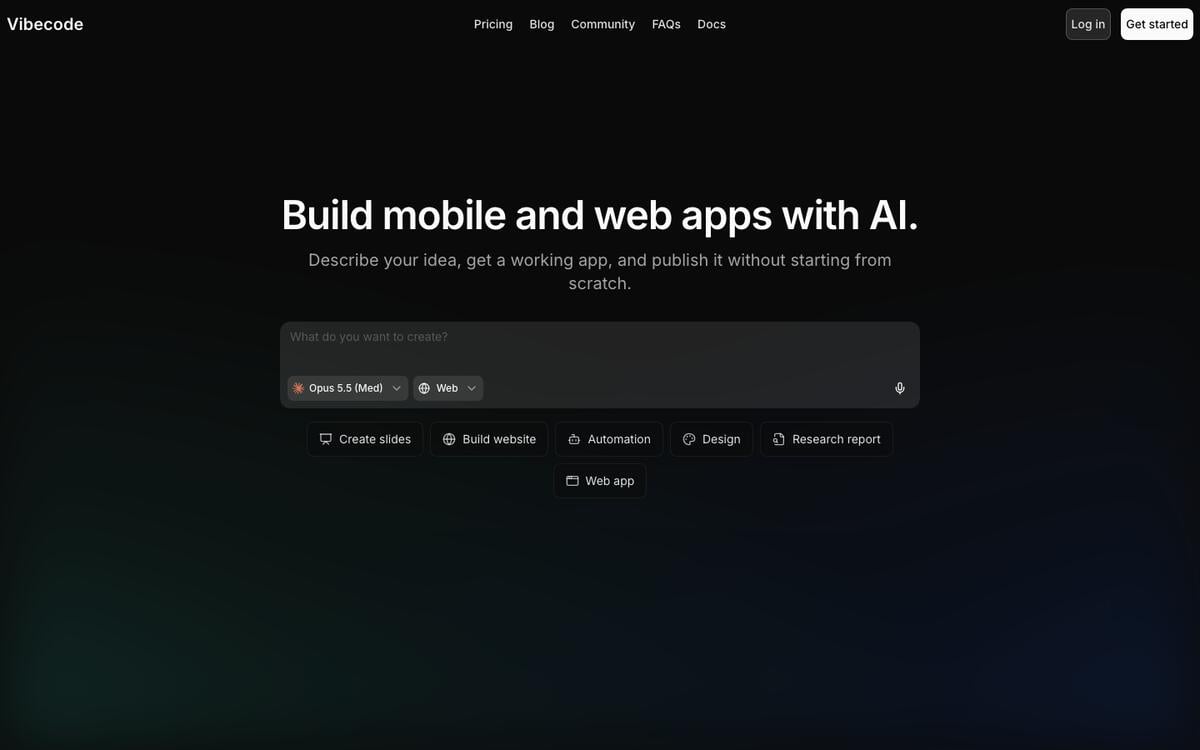 Vibecode homepage with the headline Build mobile and web apps with AI and a prompt box for describing an app