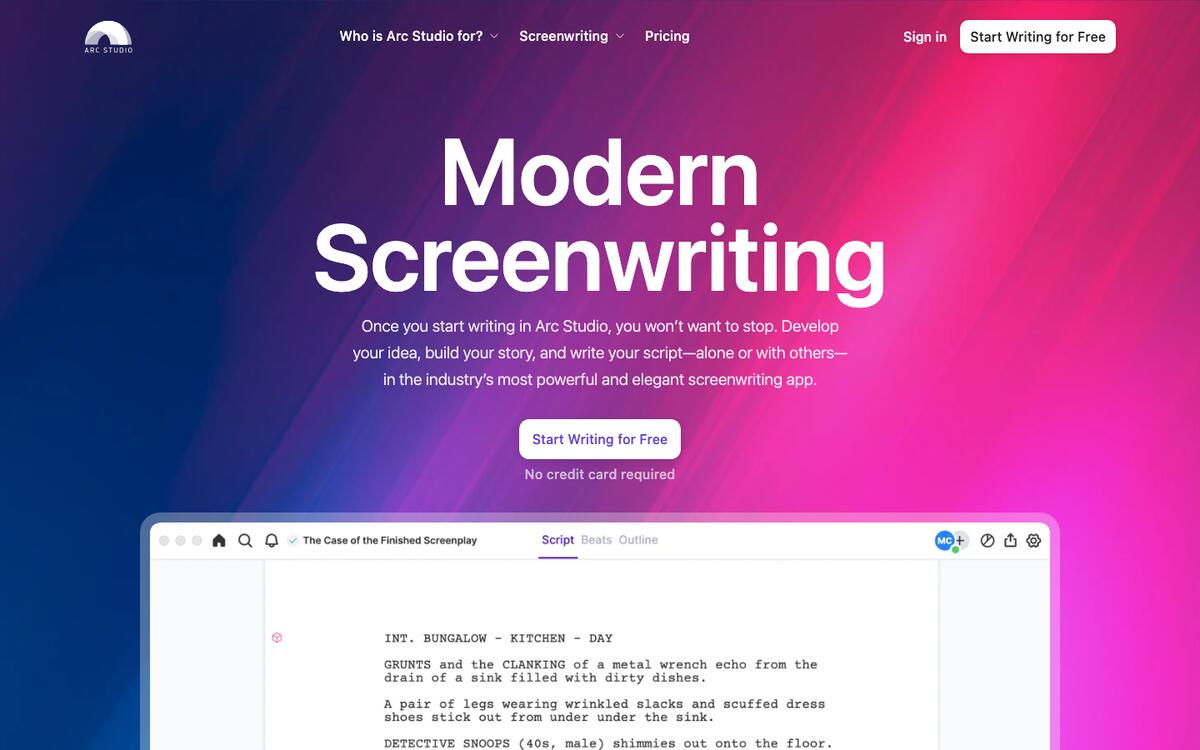 Arc Studio homepage with the Modern Screenwriting headline above a formatted screenplay page in the editor