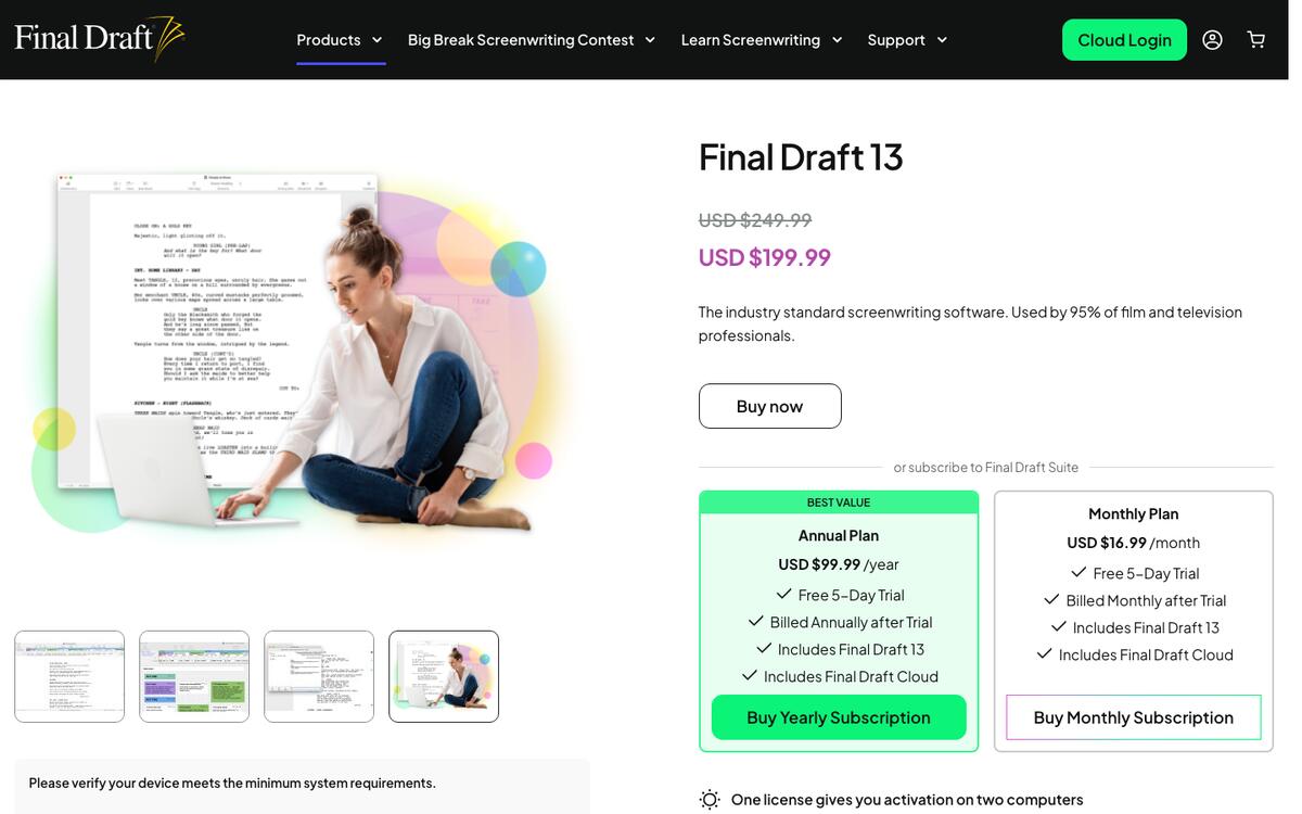 Final Draft 13 product page showing the one-time license price next to the annual and monthly Suite subscription options