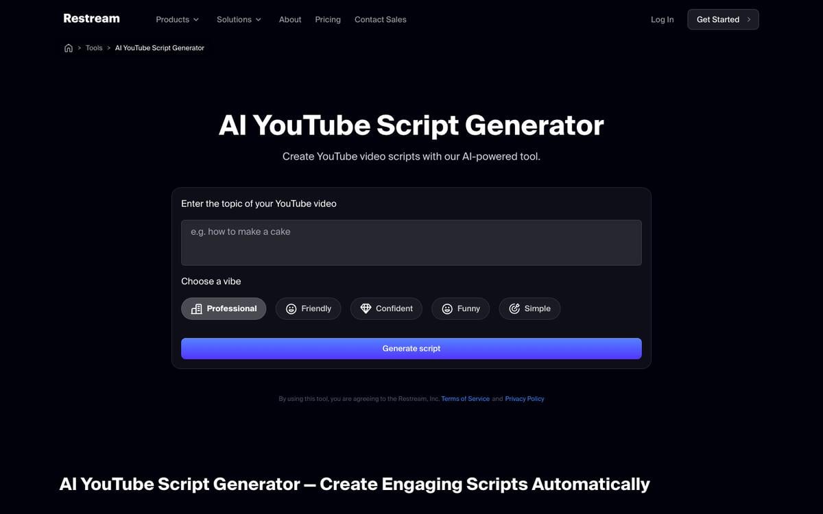 Restream AI YouTube Script Generator with a topic field, five tone buttons, and a Generate script button