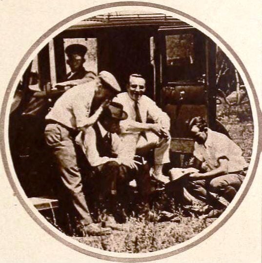 Production crew of the 1919 silent film Soldiers of Fortune, on set with early motion picture cameras