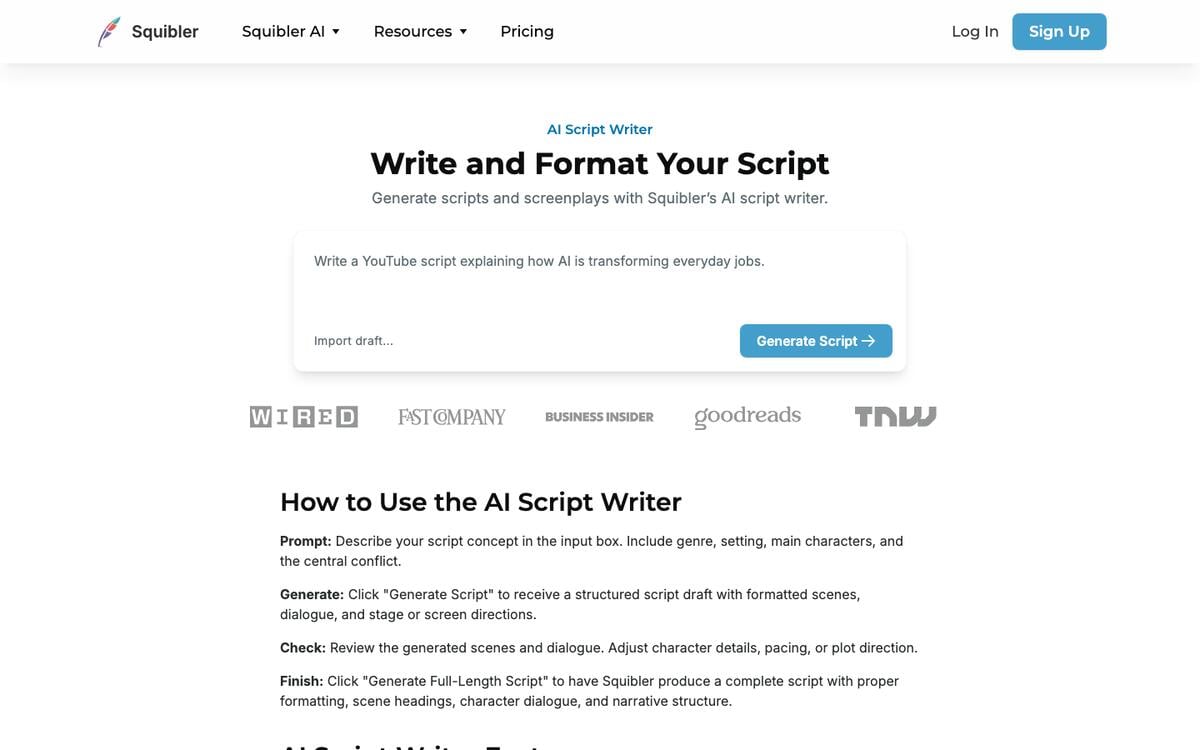 Squibler AI Script Writer page with a prompt box for describing a script concept and a Generate Script button